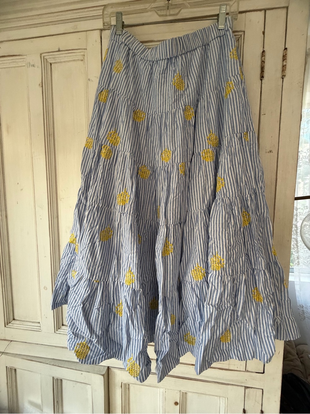 Classic J.Crew Blue White Striped Tiered Drop Waist Skirt with Yellow Embroidery
